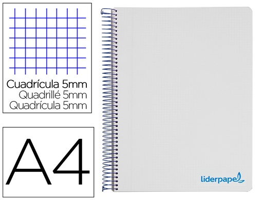 [8945] Cuaderno espiral liderpapel a4 micro wonder tapa plastico 120h 90 gr cuadro 5mm 5 bandas 4 taladros color gris