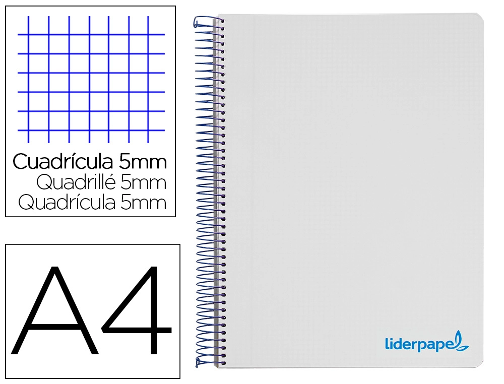[8945] Cuaderno espiral liderpapel a4 micro wonder tapa plastico 120h 90gr cuadro 5mm 5 bandas 4 taladros color gris