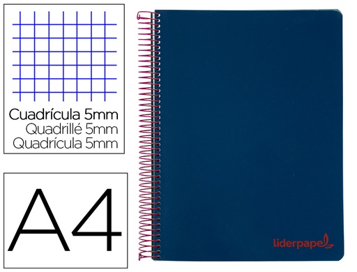 [8944] Cuaderno espiral liderpapel a4 micro wonder tapa plastico 120h 90 gr cuadro 5mm 5 banda 4 taladros color azul marino