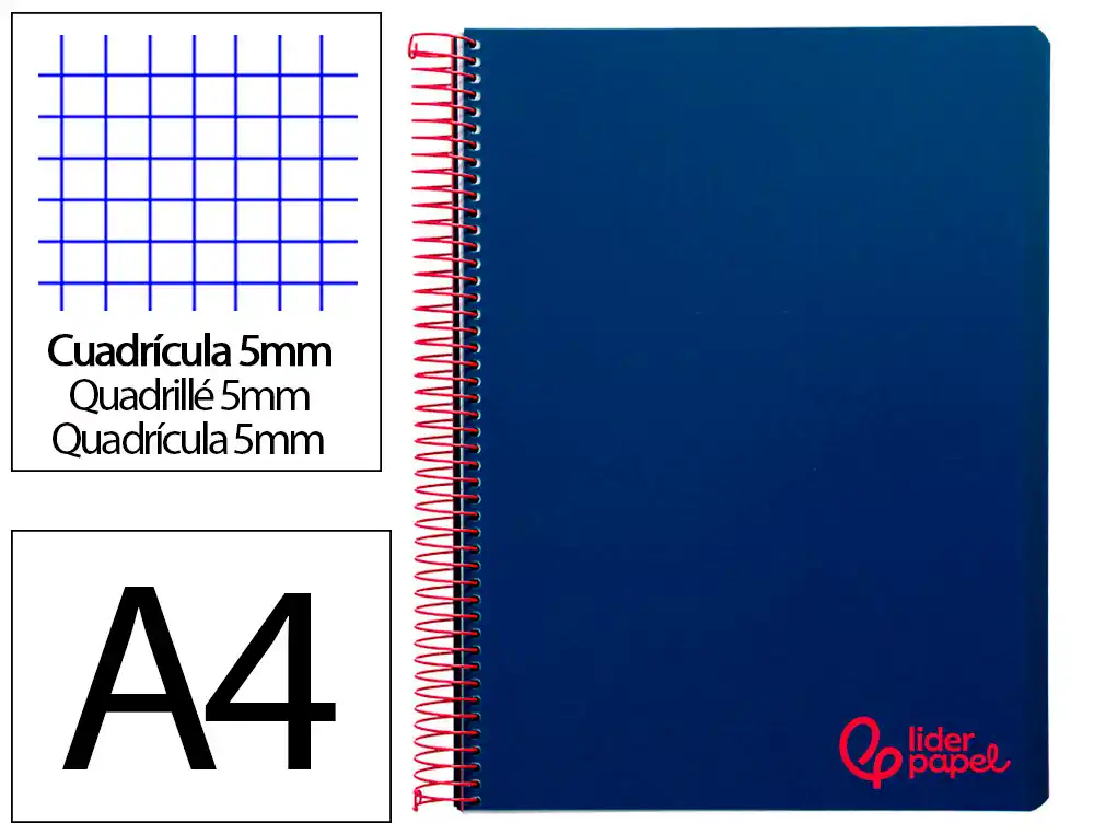 [8944] Cuaderno espiral liderpapel a4 micro wonder tapa plastico 120h 90gr cuadro 5mm 5 banda 4 taladros color azul marino