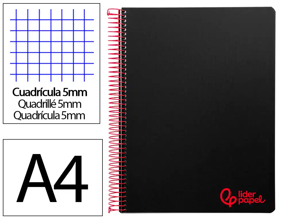 [8943] Cuaderno espiral liderpapel a4 micro wonder tapa plastico 120h 90 gr cuadro 5mm 5 bandas 4 taladros color negro