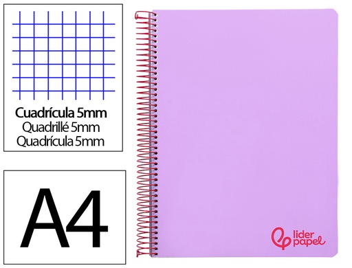 [8942] Cuaderno espiral liderpapel a4 micro wonder tapa plastico 120h 90 gr cuadro 5mm 5 banda 4 taladros color lila