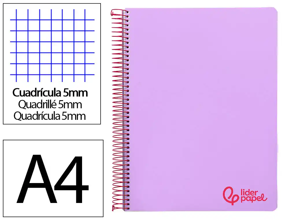 [8942] Cuaderno espiral liderpapel a4 micro wonder tapa plastico 120h 90gr cuadro 5mm 5 banda 4 taladros color lila
