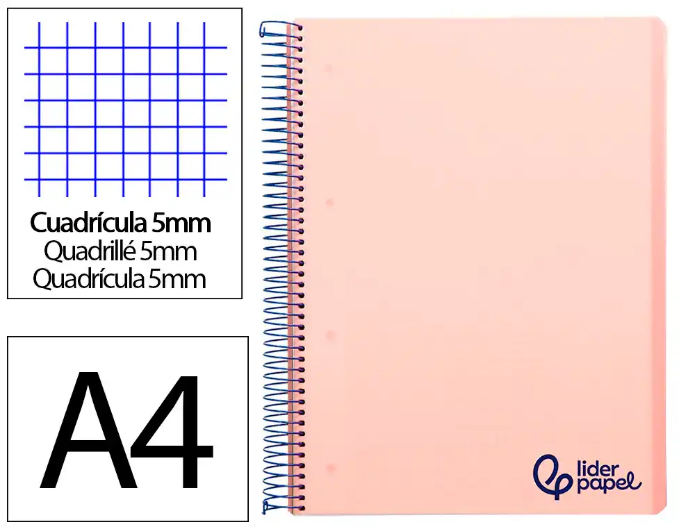 [8940] Cuaderno espiral liderpapel a4 micro wonder tapa plastico 120h 90gr cuadro 5mm 5 bandas 4 taladros color rosa