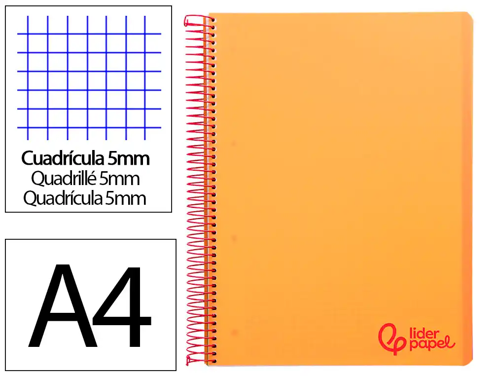 [8939] Cuaderno espiral liderpapel a4 micro wonder tapa plastico 120h 90gr cuadro 5mm 5 banda 4 taladros color naranja