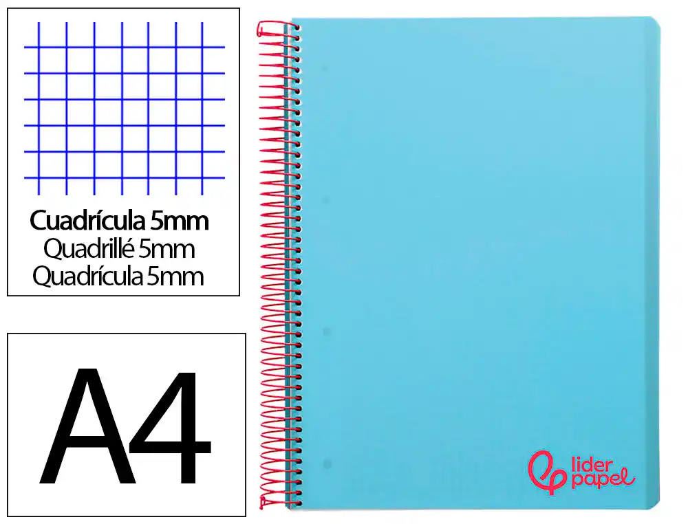 [8938] Cuaderno espiral liderpapel a4 micro wonder tapa plastico 120h 90gr cuadro 5mm 5 banda 4 taladros color celeste