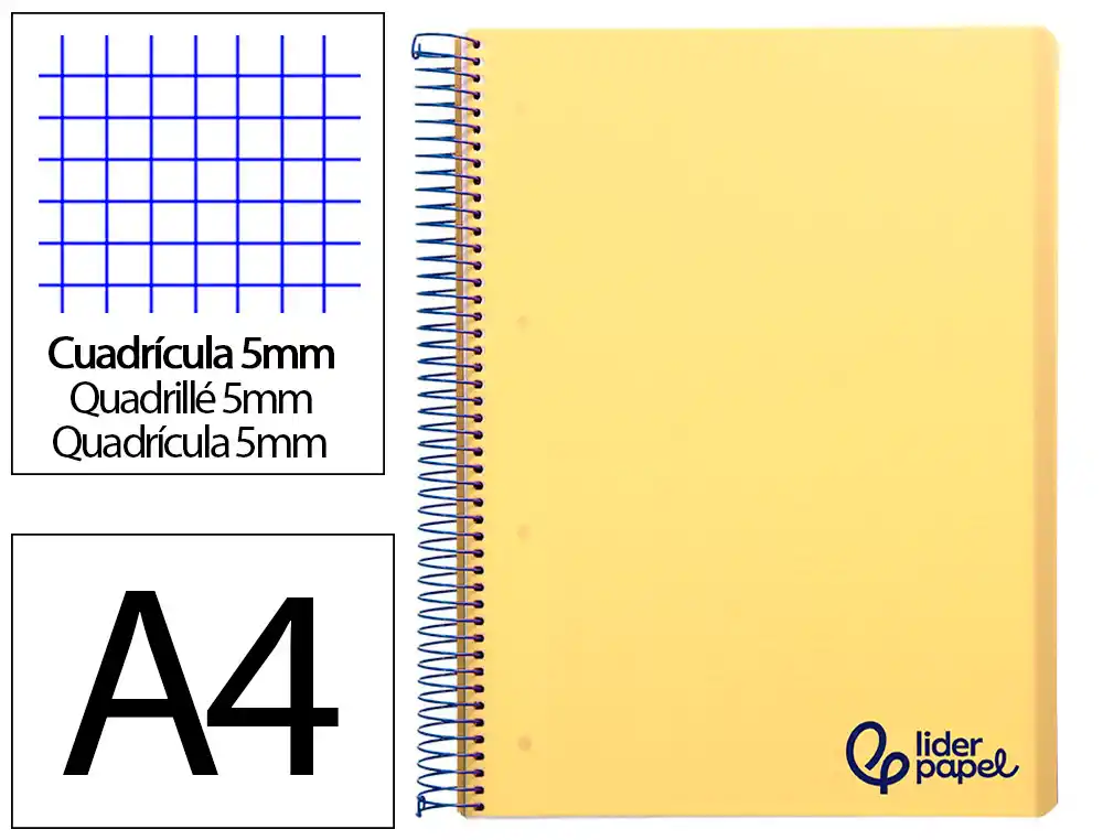 [8937] Cuaderno espiral liderpapel a4 micro wonder tapa plastico 120h 90gr cuadro 5mm 5 banda 4 taladros color amarillo