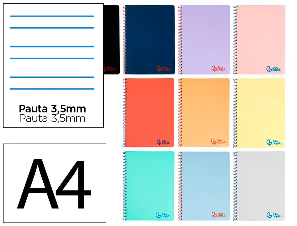 [8936] Cuaderno espiral liderpapel a4 wonder tapa plastico 80h 90gr pauta ancha 3,5mm con margen colores surtidos