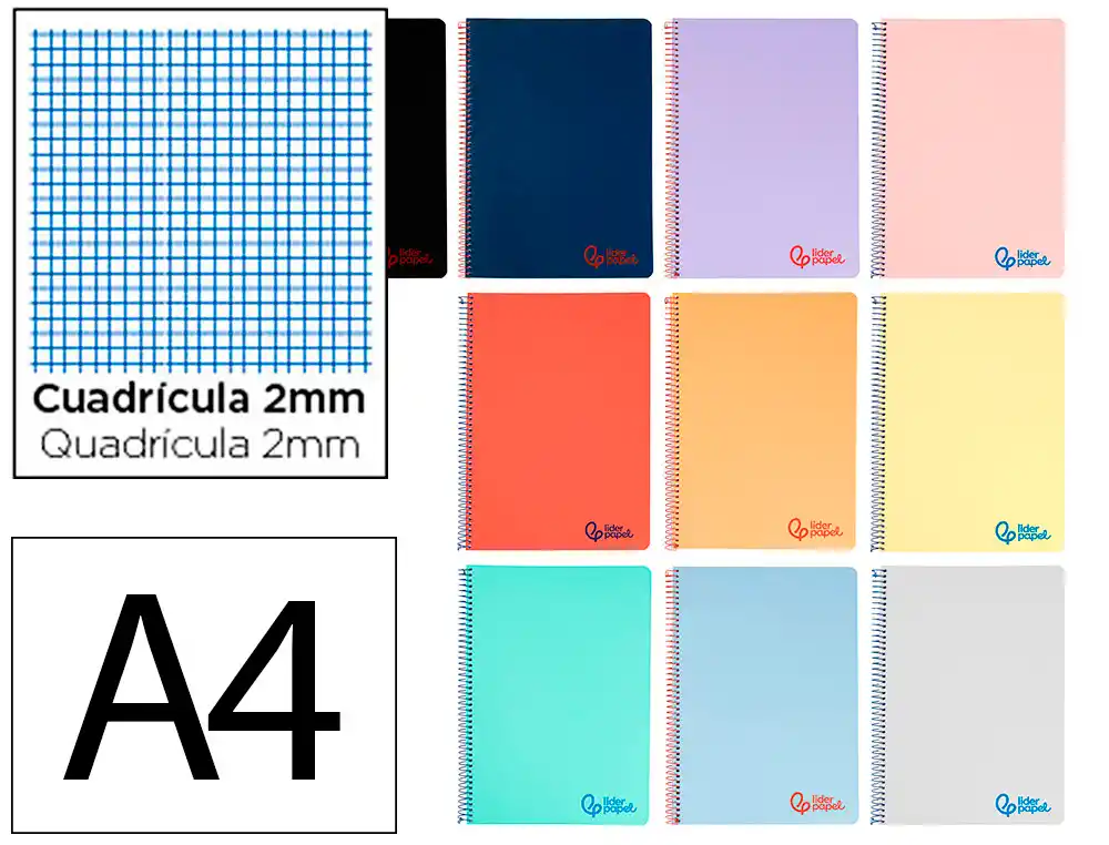 [8934] Cuaderno espiral liderpapel a4 wonder tapa plastico 80h 90gr milimetrado 2mm con margen colores surtidos