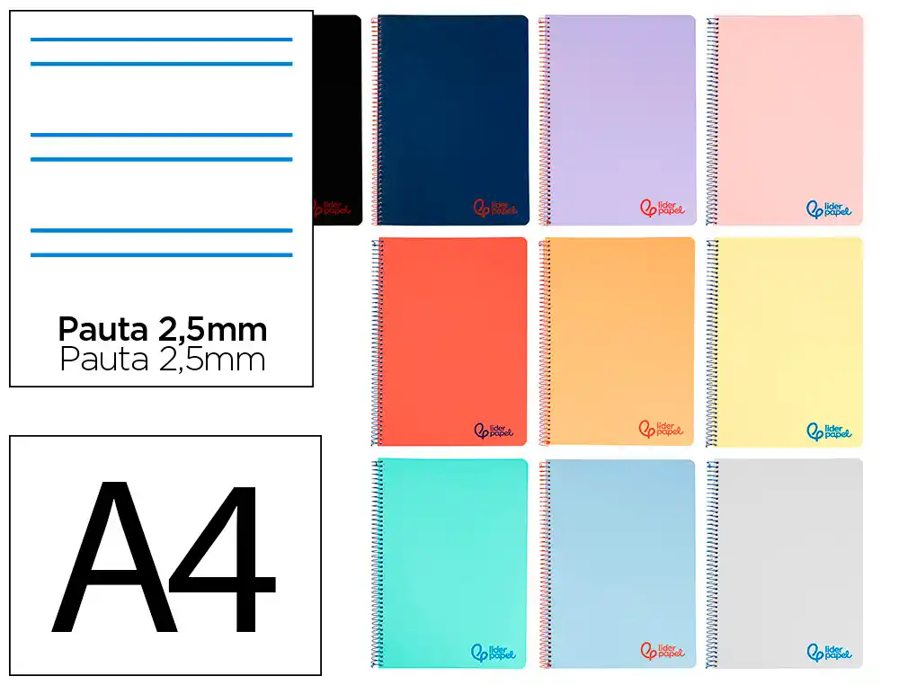 [8933] Cuaderno espiral liderpapel a4 wonder tapa plastico 80h 90gr pauta estrecha 2,5mm con margen colores surtidos