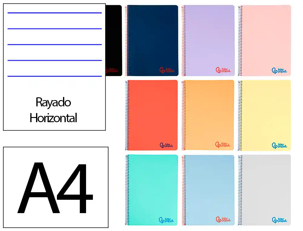 [8932] Cuaderno espiral liderpapel a4 wonder tapa plastico 80h 90gr rayado horizontal con margen colores surtidos