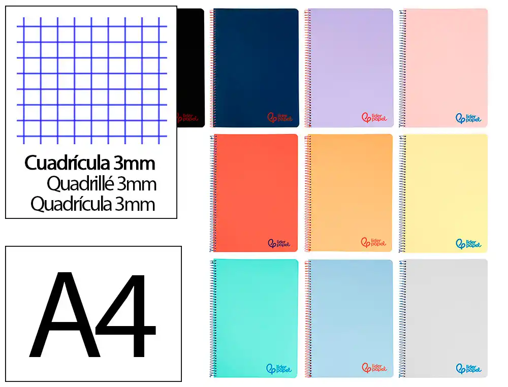 [8930] Cuaderno espiral liderpapel a4 wonder tapa plastico 80h 90gr cuadro 3mm con margen colores surtidos