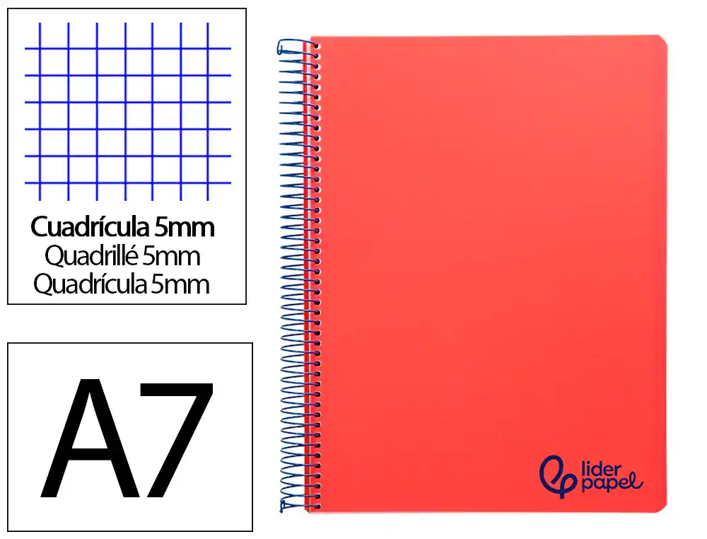 [8929] Cuaderno espiral liderpapel a7 micro wonder tapa plastico 100h 90gr cuadro 5mm 4 bandas color rojo