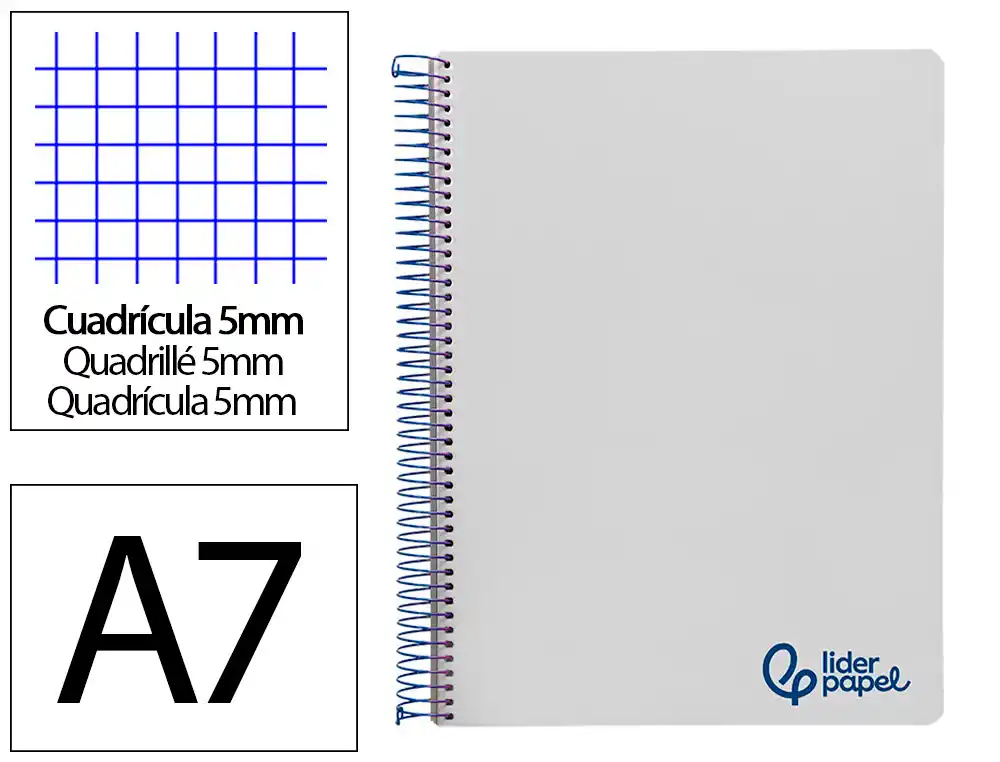 [8928] Cuaderno espiral liderpapel a7 micro wonder tapa plastico 100h 90gr cuadro 5mm 4 bandas color gris