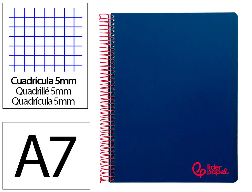 [8927] Cuaderno espiral liderpapel a7 micro wonder tapa plastico 100h 90gr cuadro 5mm 4 bandas color azul marino