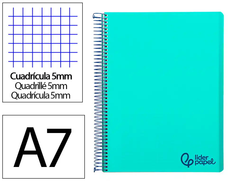 [8923] Cuaderno espiral liderpapel a7 micro wonder tapa plastico 100h 90gr cuadro 5mm 4 bandas color verde pastel turquesa