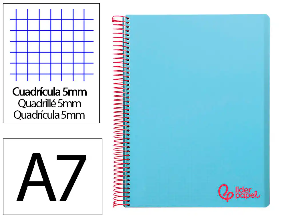 [8919] Cuaderno espiral liderpapel a7 micro wonder tapa plastico 100h 90gr cuadro 5mm 4 bandas color celeste