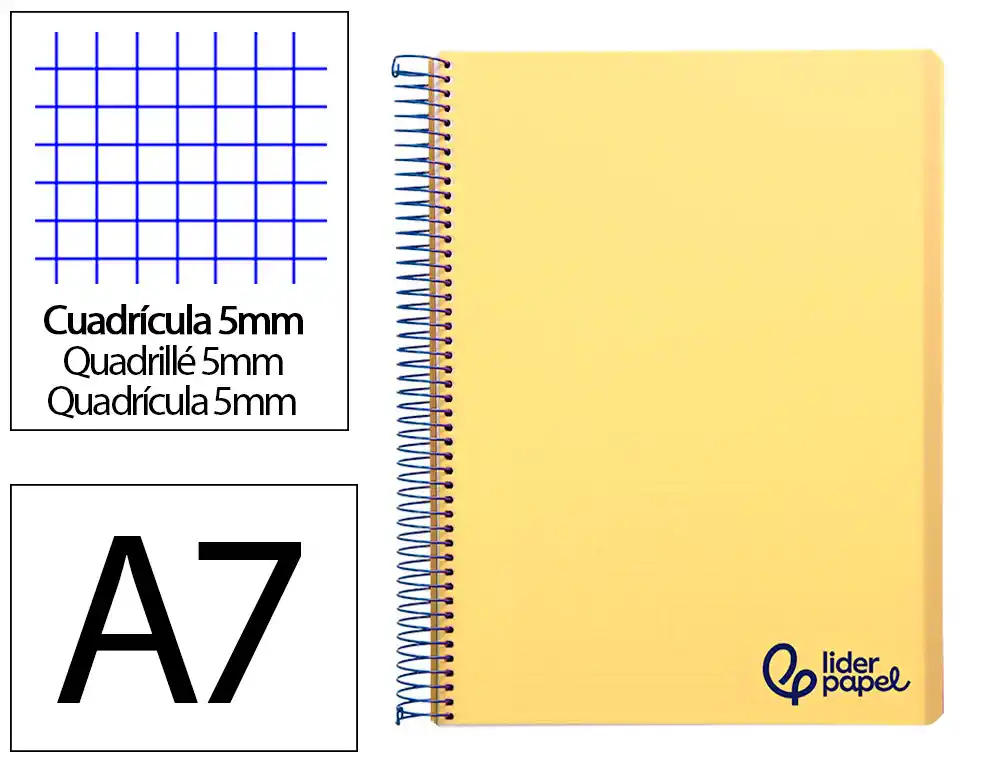 [8918] Cuaderno espiral liderpapel a7 micro wonder tapa plastico 100h 90gr cuadro 5mm 4 bandas color amarillo