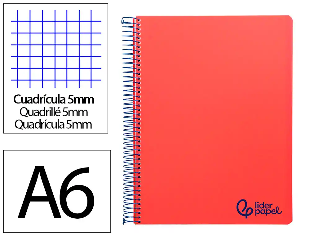 [8917] Cuaderno espiral liderpapel a6 micro wonder tapa plastico 120h 90 gr cuadro 5mm 4 bandas color rojo