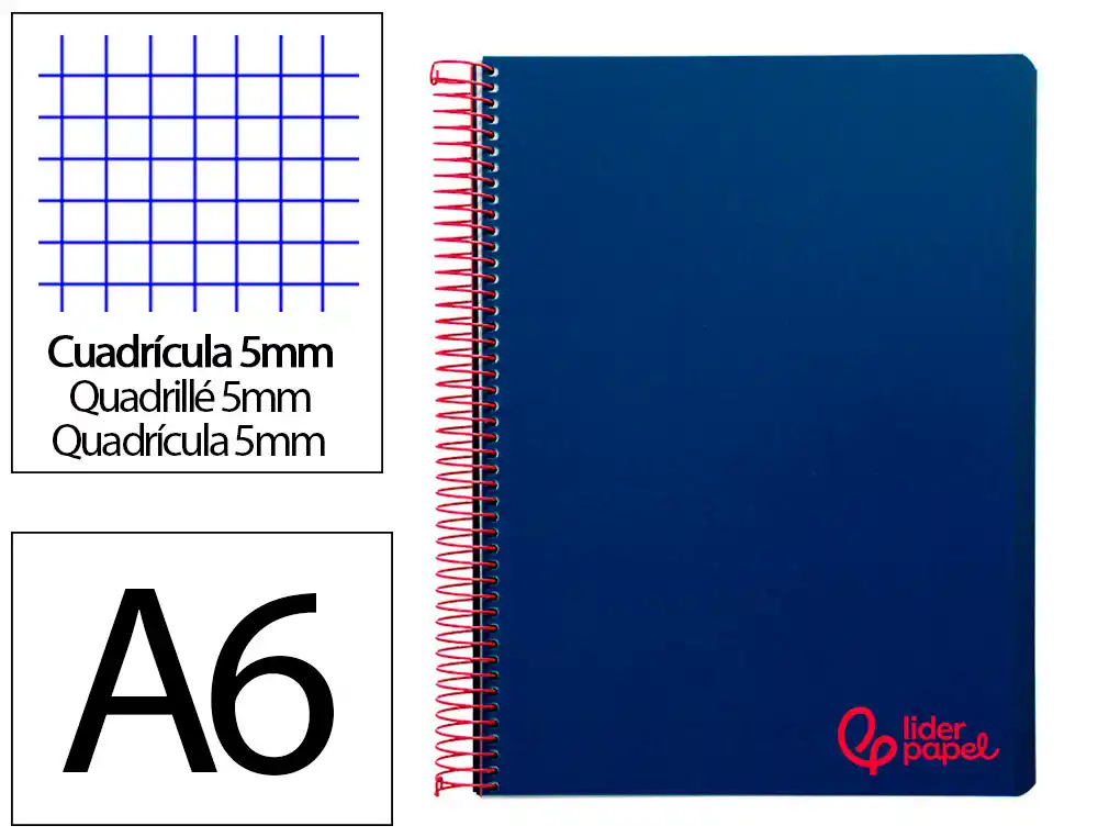 [8915] Cuaderno espiral liderpapel a6 micro wonder tapa plastico 120h 90 gr cuadro 5mm 4 bandas color azul marino