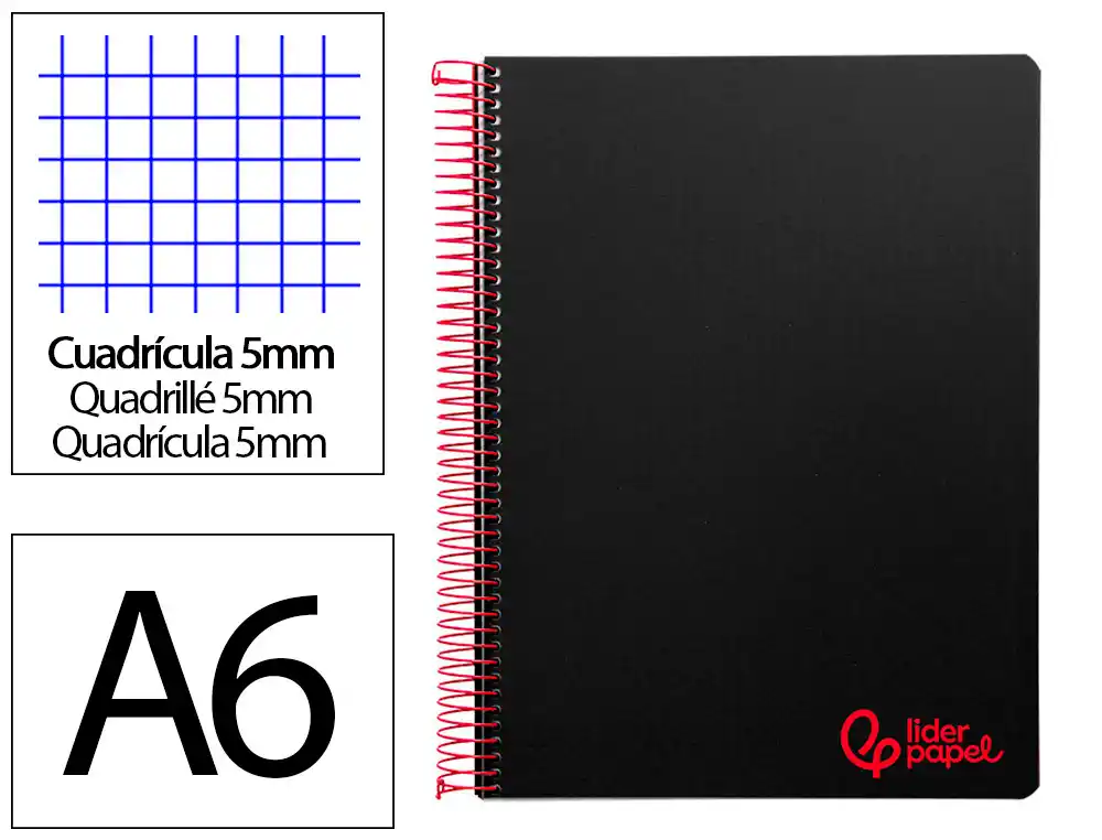 [8914] Cuaderno espiral liderpapel a6 micro wonder tapa plastico 120h 90 gr cuadro 5mm 4 bandas color negro