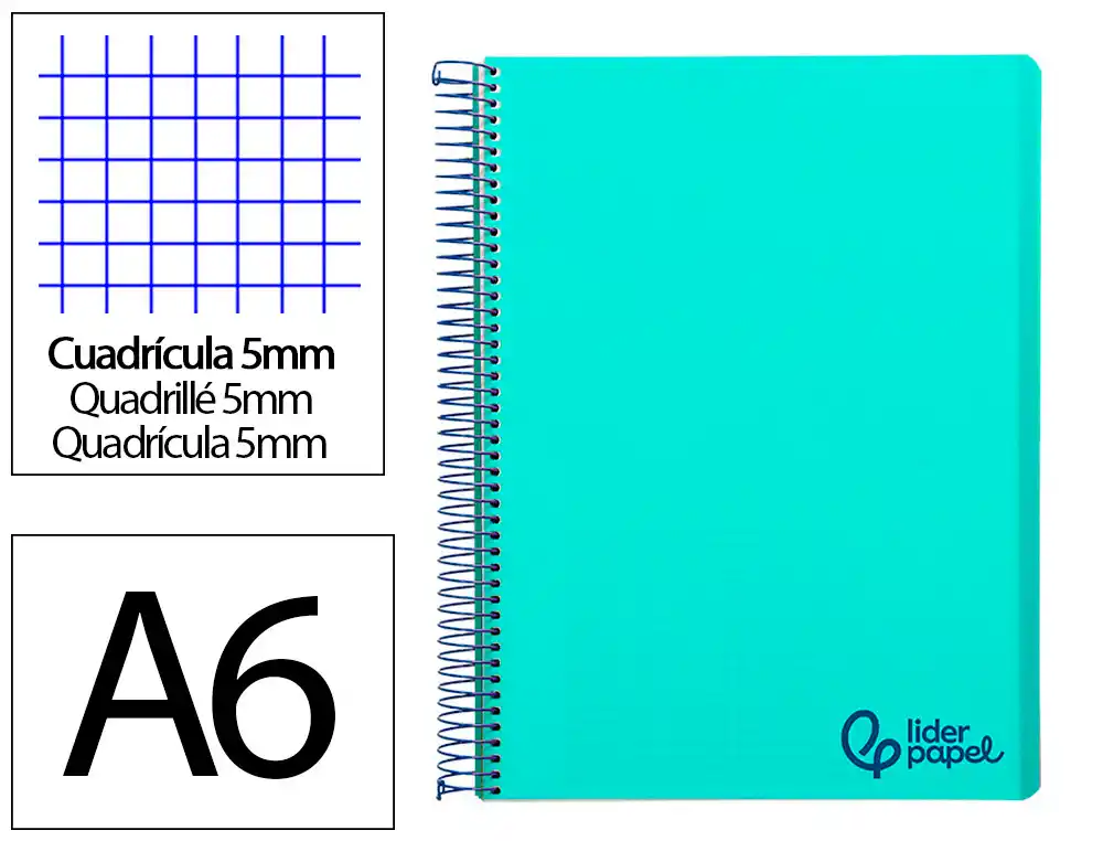 [8830] Cuaderno espiral liderpapel a6 micro wonder tapa plastico 120h 90 gr cuadro 5mm 4 bandascolor verde pastel turquesa