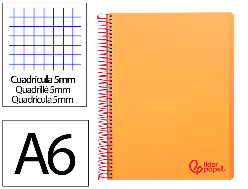 [8828] Cuaderno espiral liderpapel a6 micro wonder tapa plastico 120h 90 gr cuadro 5mm 4 bandas color naranja