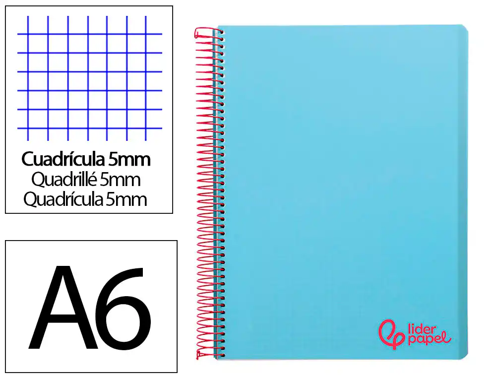 [8826] Cuaderno espiral liderpapel a6 micro wonder tapa plastico 120h 90 gr cuadro 5mm 4 bandas color celeste