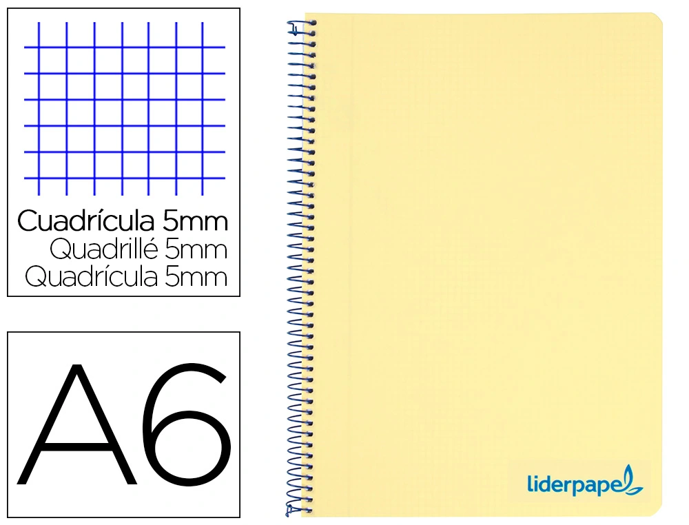 [8568] Cuaderno espiral liderpapel a6 micro wonder tapa plastico 120h 90 gr cuadro 5mm 4 bandas color amarillo