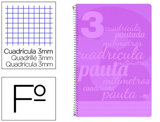 [6756] Cuaderno espiral liderpapel folio pautaguia tapa plastico 80h 75gr cuadro pautado 3mm con margen color violeta