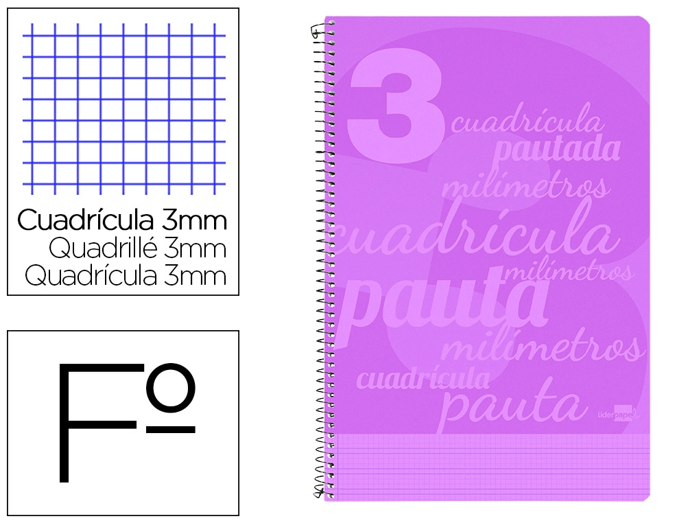 [6756] Cuaderno espiral liderpapel folio pautaguia tapa plastico 80h 75gr cuadro pautado 3mm con margen color violeta