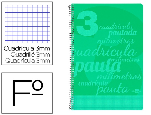 [6755] Cuaderno espiral liderpapel folio pautaguia tapa plastico 80h 75gr cuadro pautado 3mm con margen color verde
