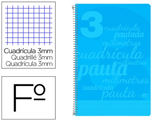 [6753] Cuaderno espiral liderpapel folio pautaguia tapa plastico 80h 75gr cuadro pautado 3mm con margen color azul