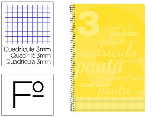 [6751] Cuaderno espiral liderpapel folio pautaguia tapa plastico 80h 75gr cuadro pautado 3mm con margen color amarillo