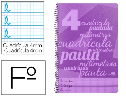 [6555] Cuaderno espiral liderpapel folio pautaguia tapa plastico 80h 75gr cuadro pautado 4mm con margen color violeta