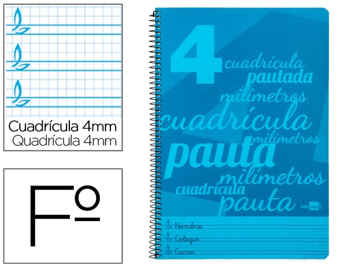 [6553] Cuaderno espiral liderpapel folio pautaguia tapa plastico 80h 75gr cuadro pautado 4mm con margen color azul