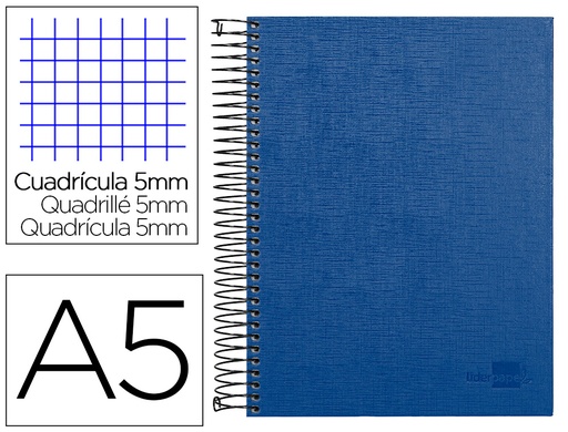[25323] Cuaderno espiral liderpapel a5 micro papercoat tapa forrada 140h 75 gr cuadro5mm 5 bandas 6 taladros azul
