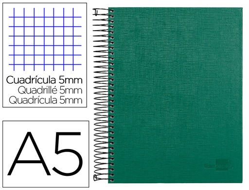 [25321] Cuaderno espiral liderpapel a5 micro papercoat tapa forrada 140h 75 gr cuadro5mm 5 bandas 6 taladros verde
