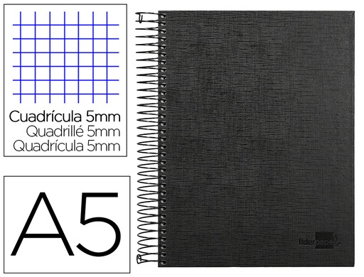 [25320] Cuaderno espiral liderpapel a5 micro papercoat tapa forrada 140h 75 gr cuadro5mm 5 bandas 6 taladros negro