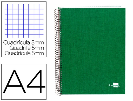 [25314] Cuaderno espiral liderpapel a4 micro papercoat tapa forrada 140h 75 gr cuadro5mm 5 bandas 4 taladros verde