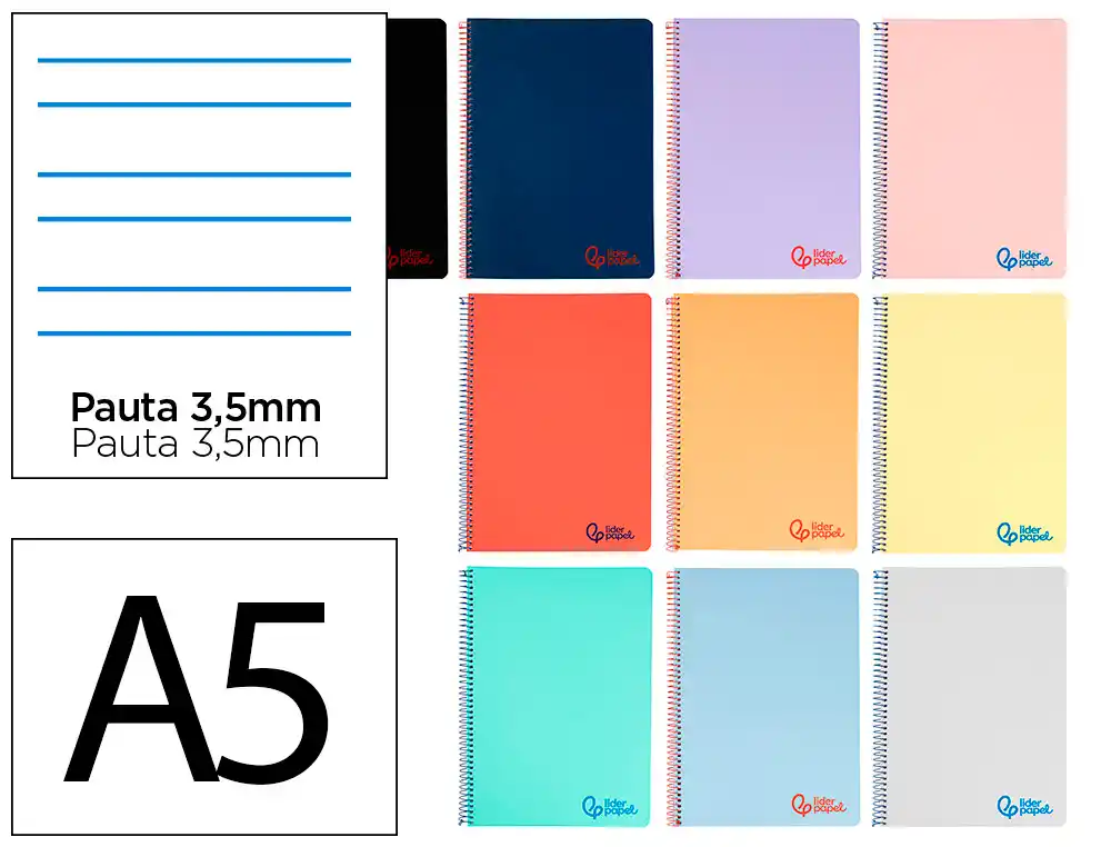 [11434] Cuaderno espiral liderpapel a5 wonder tapa plastico 80h 90g pauta 3,5mm con margen colores surtidos