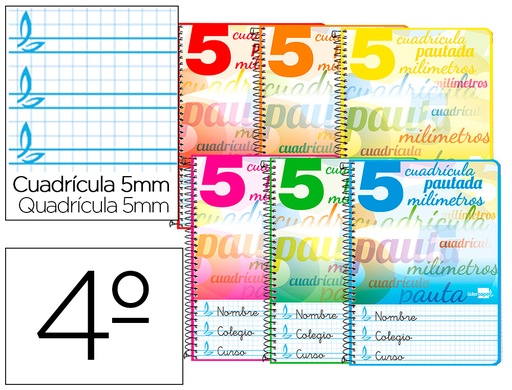 [73929] Cuaderno espiral liderpapel cuarto pautaguia tapa dura 80h 75gr cuadro pautado 5mm con margen