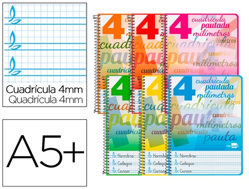 [73928] Cuaderno espiral liderpapel cuarto pautaguia tapa dura 80h 75 gr cuadro pautado 4mm con margen