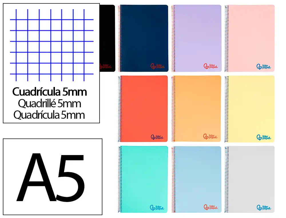 [163516] Cuaderno espiral liderpapel a5 wonder tapa plastico 80h 90gr cuadro 5mm con margen colores surtidos