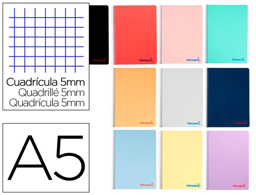 [163516] Cuaderno espiral liderpapel a5 wonder tapa plastico 80h 90gr cuadro 5mm con margen colores surtidos