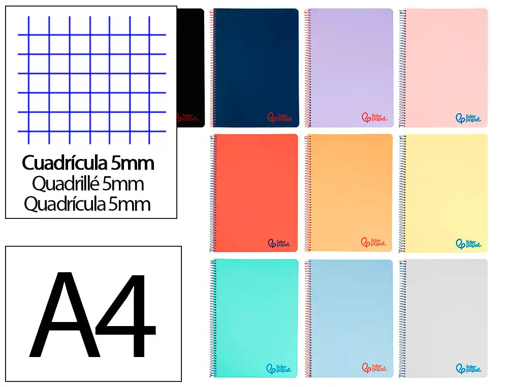 [163515] Cuaderno espiral liderpapel a4 wonder tapa plastico 80h 90gr cuadro 5mm con margen colores surtidos