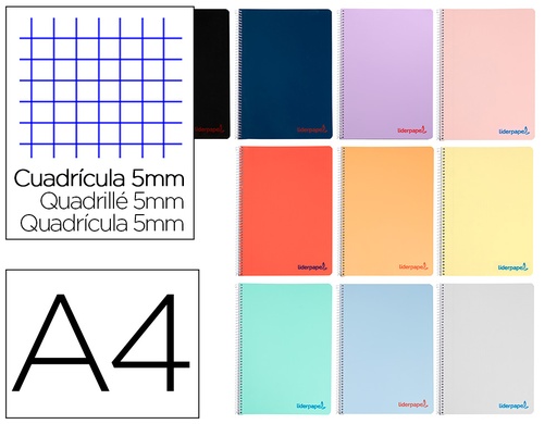 [163515] Cuaderno espiral liderpapel a4 wonder tapa plastico 80h 90gr cuadro 5mm con margen colores surtidos