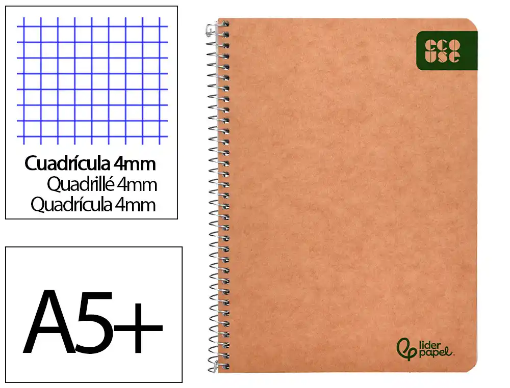 [91067] Cuaderno espiral liderpapel a5 ecouse tapa cartulina kraft 80h papel reciclado 80gr cuadro 4mm