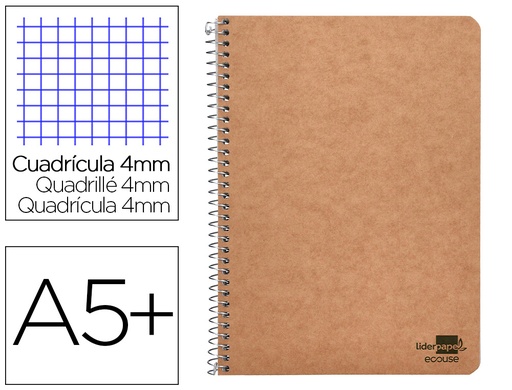 [91067] Cuaderno espiral liderpapel cuarto ecouse tapa cartulina kraft 80h papel reciclado 80 grcuadro 4mm