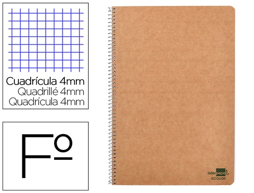 [91051] Cuaderno espiral liderpapel din a4 ecouse tapa cartulina kraft 80h papel reciclado 80 gr cuadro 4mm con margen